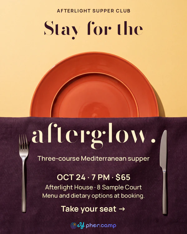 Illustrative Afterlight Supper Club flyer: Stay for the afterglow. Three-course Mediterranean supper, October 24 at 7 PM, $65, Afterlight House, 8 Sample Court. Menu and dietary options at booking.